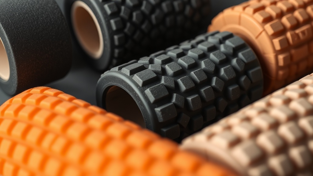 다양한 표면 질감과 밀도를 가진 폼롤러들의 근접 촬영 이미지