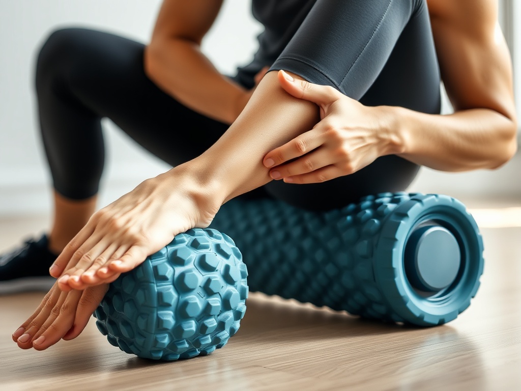 초보자가 부드러운 소재의 폼롤러를 사용하여 종아리 근육을 부드럽게 이완하고 있는 모습